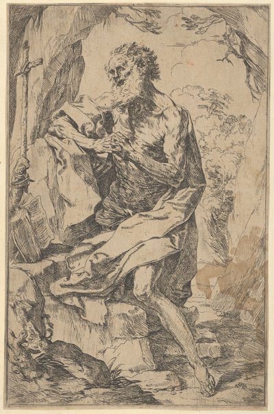 Św. Hieronim klęczący na skale przed krzyżem i otwartą księgą zwróconą w lewo..., ok. godz. 1600-1640. autorstwa Guido Reni