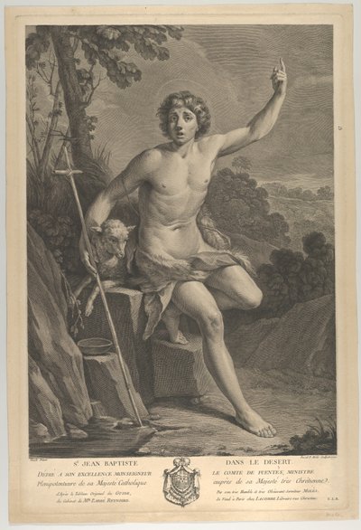 Św. Jan Chrzciciel na pustyni, siedzący na skale i skierowany w górę lewą k..., 1770 autorstwa Guido Reni