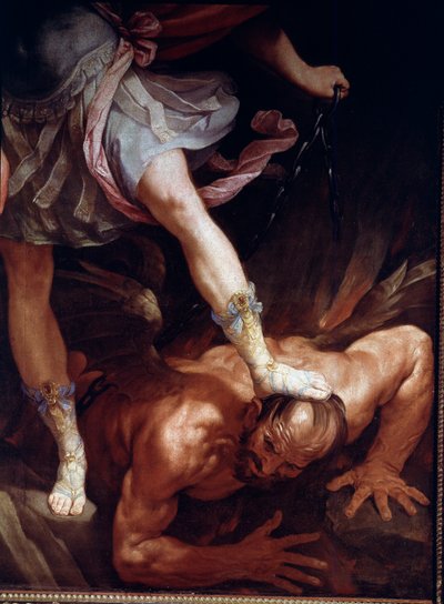 Święty Michał miażdży głowę demona. Szczegół sandałów (malowanie na jedwabiu) autorstwa Guido Reni