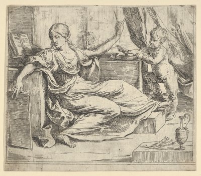 Siedząca kobieta trzymająca tabliczkę i kompas alegoria nauki, skrzydlate putto..., ca. 1600-1640. autorstwa Guido Reni