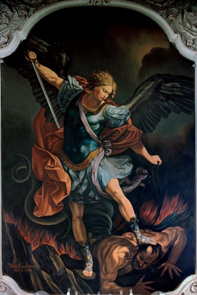 Archanioł Święty Michał Terrassing the Dragon Malarstwo autorstwa VM De Girolamo (XX wiek) według Guido Reniego. 1957 autorstwa Guido Reni