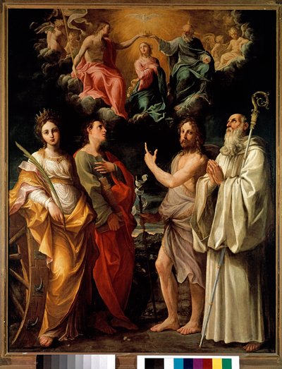 Koronacja Dziewicy z Czterema Świętymi (Katarzyna Aleksandryjska, Jan Ewangelista, Jan Chrzciciel i Bernard) - Dziewica Maryja jest reprezentowana w niebie z Trójcą (Jezus Chrystus, Bóg i gołębica Ducha Świętego (Duch Święty) (Koronat autorstwa Guido Reni