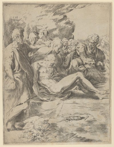 Złożenie do grobu, Chrystus z wyciągniętymi nogami, Dziewica po prawej, 1590-1600. autorstwa Guido Reni