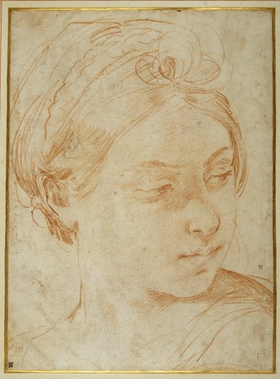 Głowa młodej kobiety, odwrócona, by spojrzeć przez lewe ramię (czerwona kreda na białym papierze) autorstwa Guido Reni
