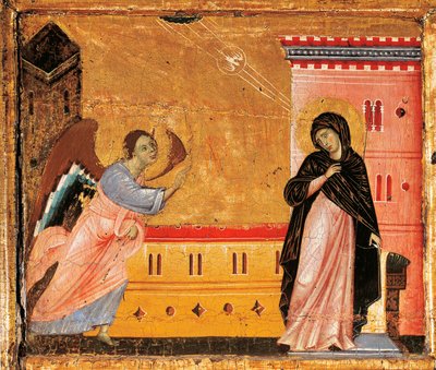 Zwiastowanie, fragment z Antependium św. Piotra intronizowanego przez Guido da Siena (ok. 1250 -1300), tempera i złoto na drewnie autorstwa Guido da Siena