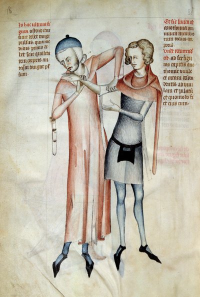 Chirurgia: lekarz badający stawy pacjenta poprzez wyciągnięcie ręki (Osteopata). Miniatura w „Liber notables Filippi siódmy król Franków, wydobyty z ksiąg Galien” napisany przez Gui (Guy) z Pawii autorstwa Guido da Vigevano da Pavia