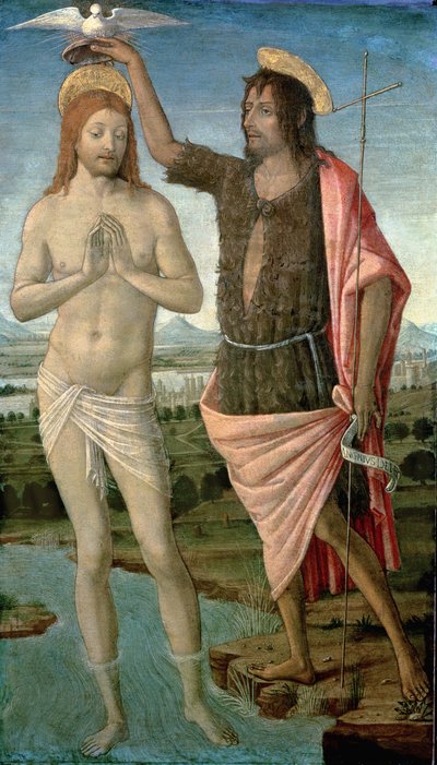 Chrzest Chrystusa, 1486 (tempera na panelu) autorstwa Guidoccio di Giovanno Cozzarelli