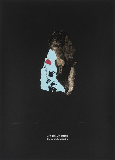 On Priests, Thus Spoke Zarathustra, 2024 (drzeworyt i sitodruk) autorstwa Guilherme Pontes