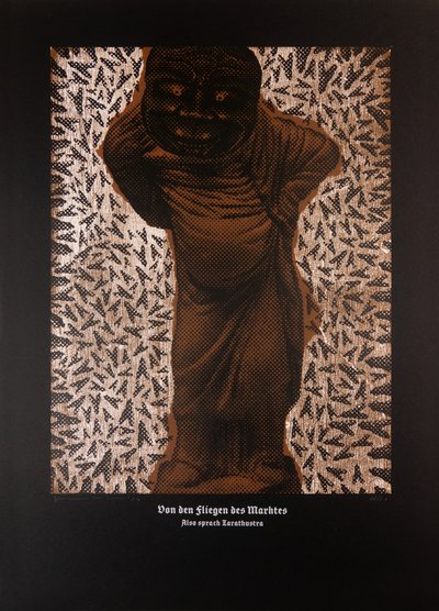 On the Flies of the Market Place, Thus Spoke Zarathustra, 2024 (drzeworyt i sitodruk) autorstwa Guilherme Pontes