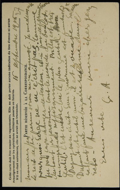 Pocztówka z autografem Jeana Molleta z dnia 16 września 1915 r. autorstwa Guillaume Apollinaire