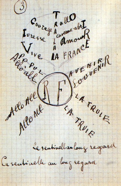 Kaligram Guillaume Apollinaire - w „Bawełnie w uszach”, autograf rękopisu 17 kart autorstwa Guillaume Apollinaire