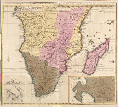Mapa Afryki południkowej (Angola, Namibia, Zambia, Zimbabwe, Mozambik, RPA) z wyspą Madagaskar (akwaforta autorstwa Guillaume Delisle