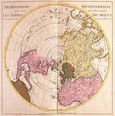 Mapa półkuli północnej, opis lądu arktycznego (silna woda) autorstwa Guillaume Delisle
