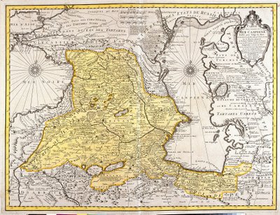 Mapa sąsiednich krajów Morza Kaspijskiego (Rosja, Armenia, Persja, Kazachstan, Turkmenistan) (akwaforta autorstwa Guillaume Delisle