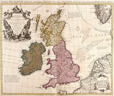 Mapa Wysp Brytyjskich, Królestwa Anglii, Szkocji i Irlandii (akwaforta autorstwa Guillaume Delisle