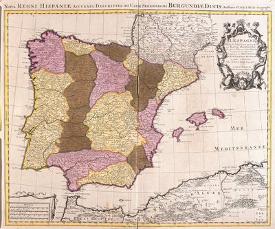 Mapa Półwyspu Iberyjskiego, Królestwa Portugalii i Hiszpanii (akwaforta autorstwa Guillaume Delisle