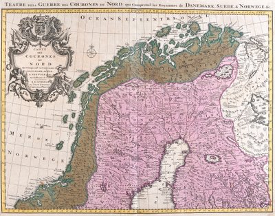 Mapa krajów nordyckich, królestw Danii, Szwecji i Norwegii (akwaforta autorstwa Guillaume Delisle