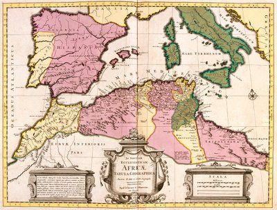 Maroko, północna Algieria, Tunezja, północno-zachodnia Libia, Hiszpania, Portugalia, Włochy (z wyjątkiem północy) autorstwa Guillaume Delisle