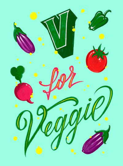 V FOR VEGGIE, 2025 (grafika cyfrowa) autorstwa Guillaume Laserson