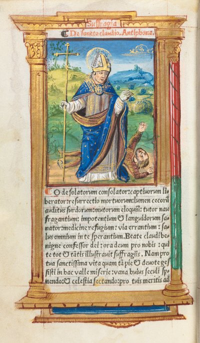 Drukowana księga godzin (do użytku rzymskiego): fol. 105v, św. Klaudiusz jako biskup autorstwa Guillaume Le Rouge