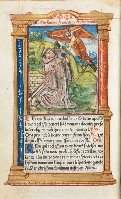 Drukowana księga godzin (do użytku rzymskiego): fol. 106v, św. Franciszek z Asyżu autorstwa Guillaume Le Rouge