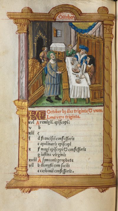 Drukowana księga godzin (do użytku rzymskiego): fol. 11v, strona kalendarza na październik autorstwa Guillaume Le Rouge