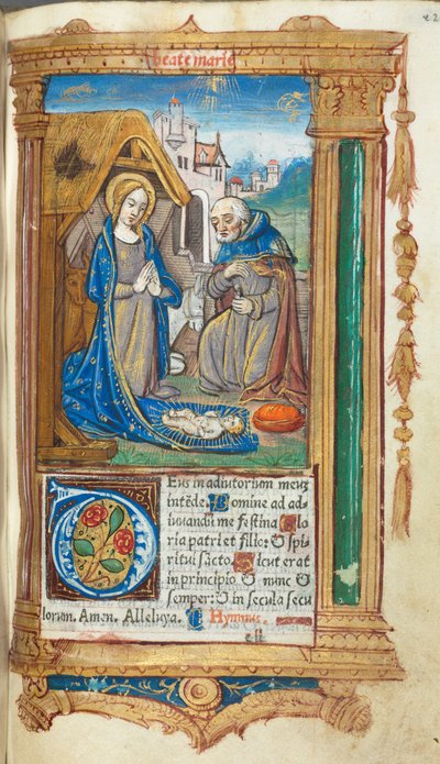 Drukowana księga godzin (do użytku rzymskiego): fol. 34r, Narodzenie Pańskie autorstwa Guillaume Le Rouge