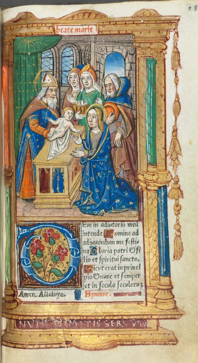 Drukowana księga godzin (do użytku rzymskiego): fol. 40r, Ofiarowanie w świątyni autorstwa Guillaume Le Rouge