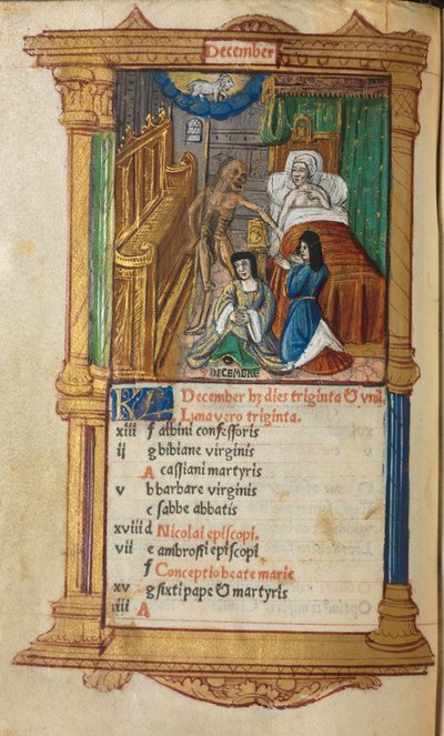 Drukowany Księga Godzin Korzystanie z Rzymu: fol. 13v, grudniowa strona kalendarza, 1510. autorstwa Guillaume Le Rouge
