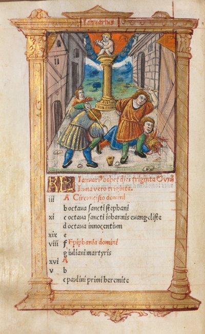 Drukowany Księga Godzin Korzystanie z Rzymu: fol. 2v, ilustracja kalendarza stycznia, 1510 r. autorstwa Guillaume Le Rouge
