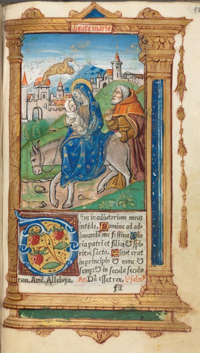 Drukowany Księga Godzin Korzystanie z Rzymu: fol. 42r, Ucieczka do Egiptu, 1510. autorstwa Guillaume Le Rouge