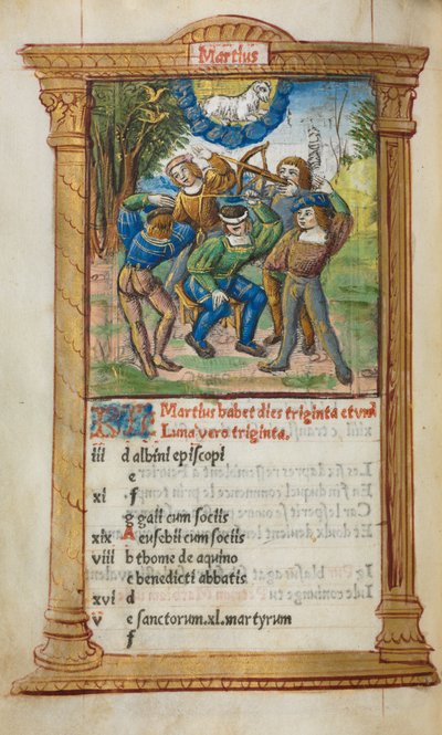 Drukowany Księga Godzin Korzystanie z Rzymu: fol. 4v, ilustracja kalendarza marcowego, 1510 r. autorstwa Guillaume Le Rouge