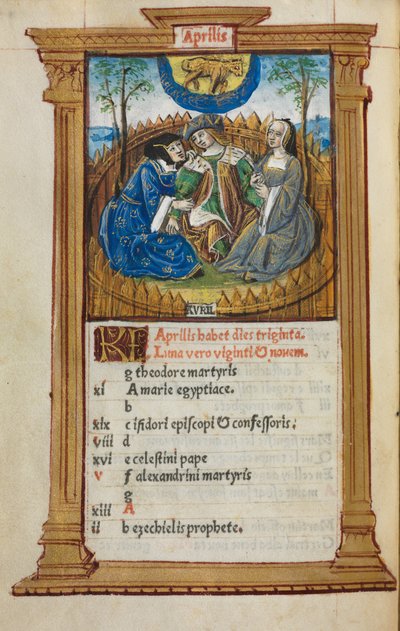 Drukowany Księga Godzin Korzystanie z Rzymu: fol. 5v, ilustracja kalendarza kwietnia, 1510 r. autorstwa Guillaume Le Rouge