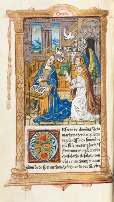 Drukowany Księga Godzin Korzystanie z Rzymu: fol. 60v, Zwiastowanie, 1510. autorstwa Guillaume Le Rouge