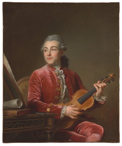 Portret dżentelmena, do połowy długości, siedzącego w czerwonym aksamitnym żakiecie ze skrzypcami (olej na płótnie) autorstwa Guillaume Voiriot