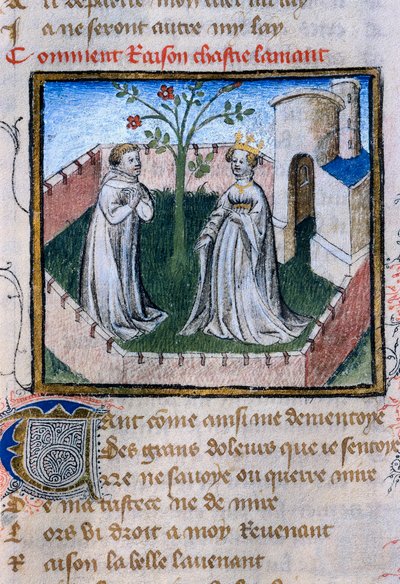 Przedstawienie pary zakochanych przy róży, miniatura w „Roman de la Rose” autorstwa Guillaume de Lorris
