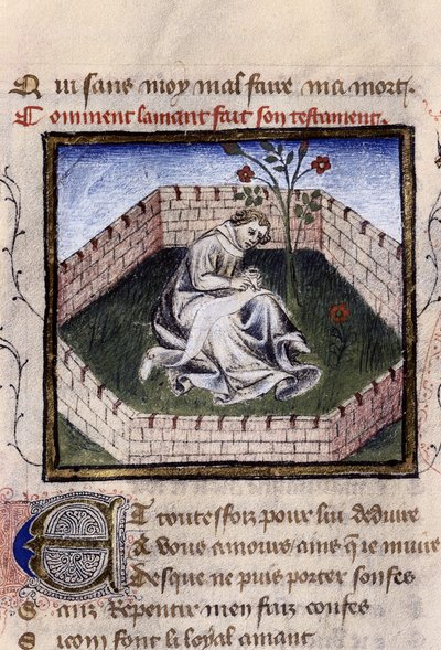 Przedstawienie zakochanego chłopca w ogrodzie rozkoszy odkrywającego fontannę Narcyza, miniatura w „Roman de la Rose” Guillaume Lorris autorstwa Guillaume de Lorris