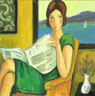 Dziewczyna czytająca gazetę, 2013 (gwasz na papierze) autorstwa Guillermo Martí Ceballos