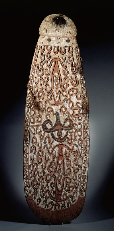 Owalna tarcza Asmat, wyrzeźbiona w reliefie z przewijanym ornamentem zawierającym wysoce stylizowane postacie, plecione frędzle do brzegu (drewno, rafia i pióra) autorstwa Guinean New
