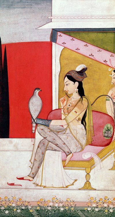 Dama z jastrzębiem, styl pahari, wzgórza Pendżabu, ok. 1750 (farba na papierze) autorstwa Guler School