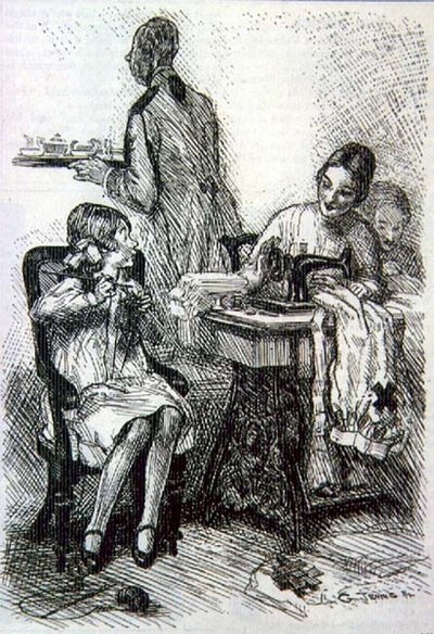 Mabel; "Mamo Droga! Mam nadzieję, że ta wojna się nie skończy, zanim skończę skarpetkę!" z magazynu „Punch”, tom CXLVII s.277, wyd. 30 września autorstwa Gurnell Charles Jennis