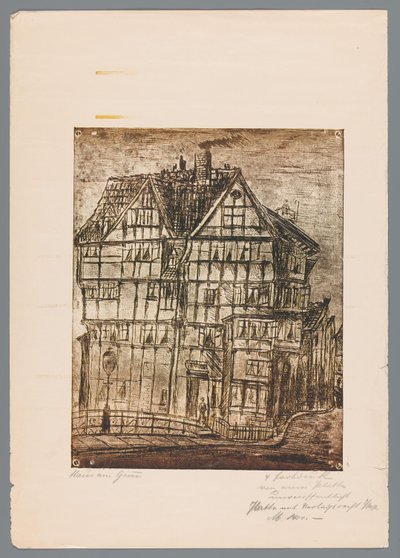 Reprodukcja grafiki lub rysunku z widokiem starego domu, prawdopodobnie w Greiz w Niemczech autorstwa Gustav Digel (signed by artist)