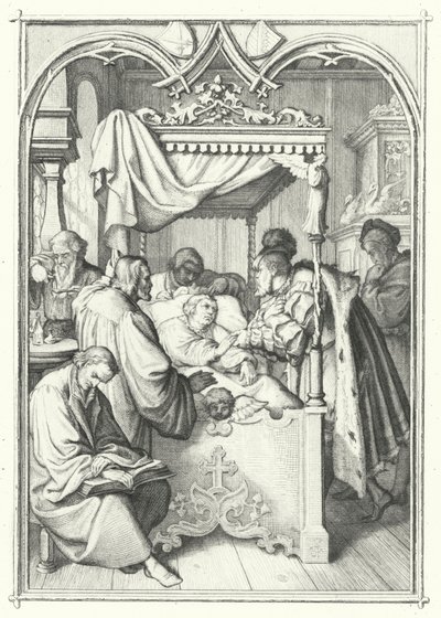Jan, elektor Saksonii, odwiedza Marcina Lutra w szpitalu (grafika) autorstwa Gustav Ferdinand Leopold Konig