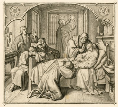 Przyjaciel Lutra Filip (Philippe, Philippus) Melanchton (1497-1560) jest bardzo chory i dlatego Luter modli się o wyzdrowienie autorstwa Gustav Ferdinand Leopold Konig