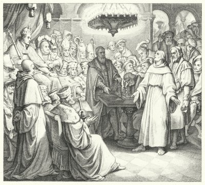 Marcin Luter pojawia się przed cesarzem Karolem V na sejmie w Wormacji (rycina) autorstwa Gustav Ferdinand Leopold Konig