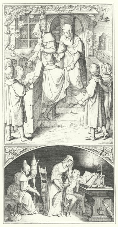 Marcin Luter jako młody student śpiewający w mieście Eisenach (grafika) autorstwa Gustav Ferdinand Leopold Konig