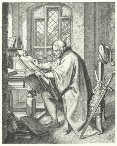 Marcin Luter rozpoczyna tłumaczenie Biblii na zamku Wartburg (grafika) autorstwa Gustav Ferdinand Leopold Konig