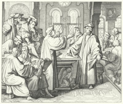 Marcin Luter omawia sakrament z Huldrychem Zwinglim (rycina) autorstwa Gustav Ferdinand Leopold Konig