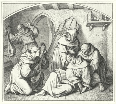 Marcin Luter mdleje z Biblią w ręku, a przyjaciele przywracają mu zmysły (rycina) autorstwa Gustav Ferdinand Leopold Konig