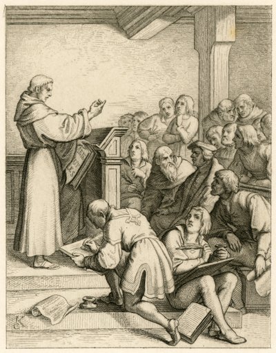 Marcin Luter wykłada na uniwersytecie w Wittenberdze, przed nim prorektor dr Pollich i jego przyjaciel ze strony ojca Johann von Staupitz (1460-1524) autorstwa Gustav Ferdinand Leopold Konig